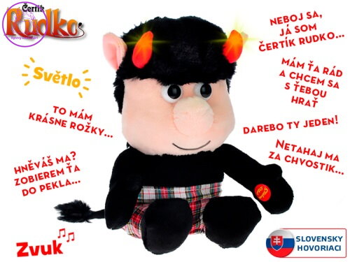 Čertík Rudko plyšový 20cm sedící na baterie slovensky mluvící svítící rohy 0m+ v sáčku