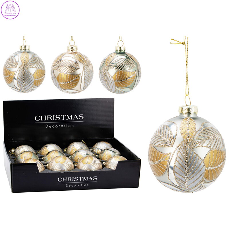 Vánoční koule 80 mm, dekor list glitrovaný (mix 3 barev, cena /1 ks)