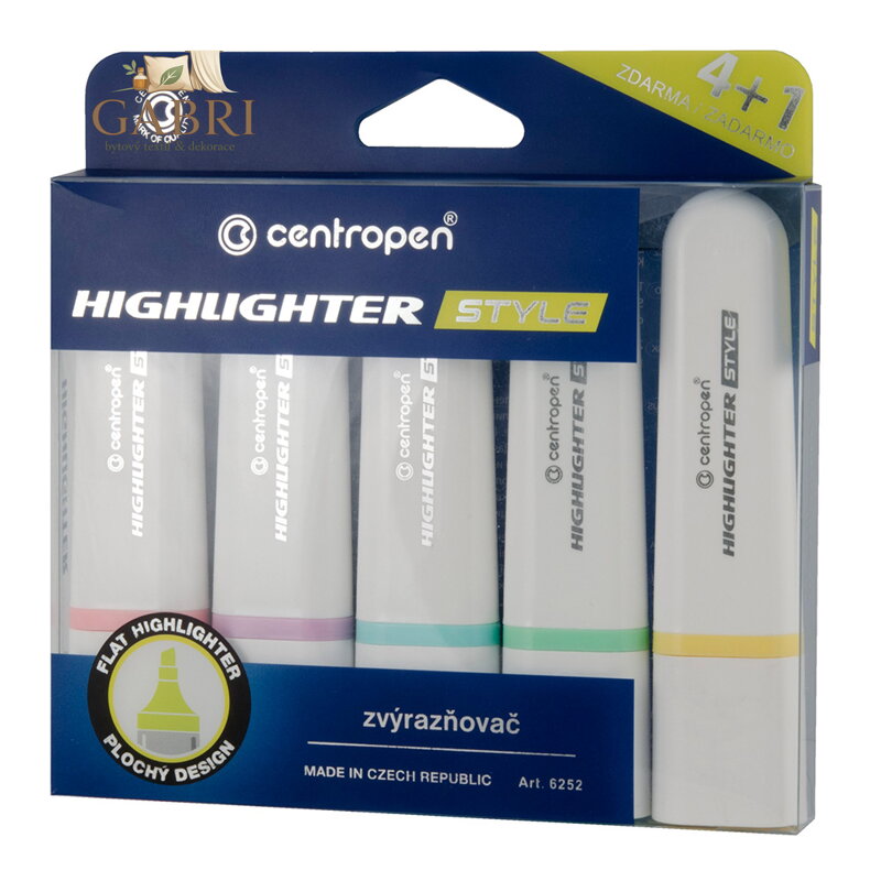 Zvýrazňovač CENTROPEN 6252 STYLE SOFT 1-5 mm, sada 4 ks + 1 ks ZDARMA