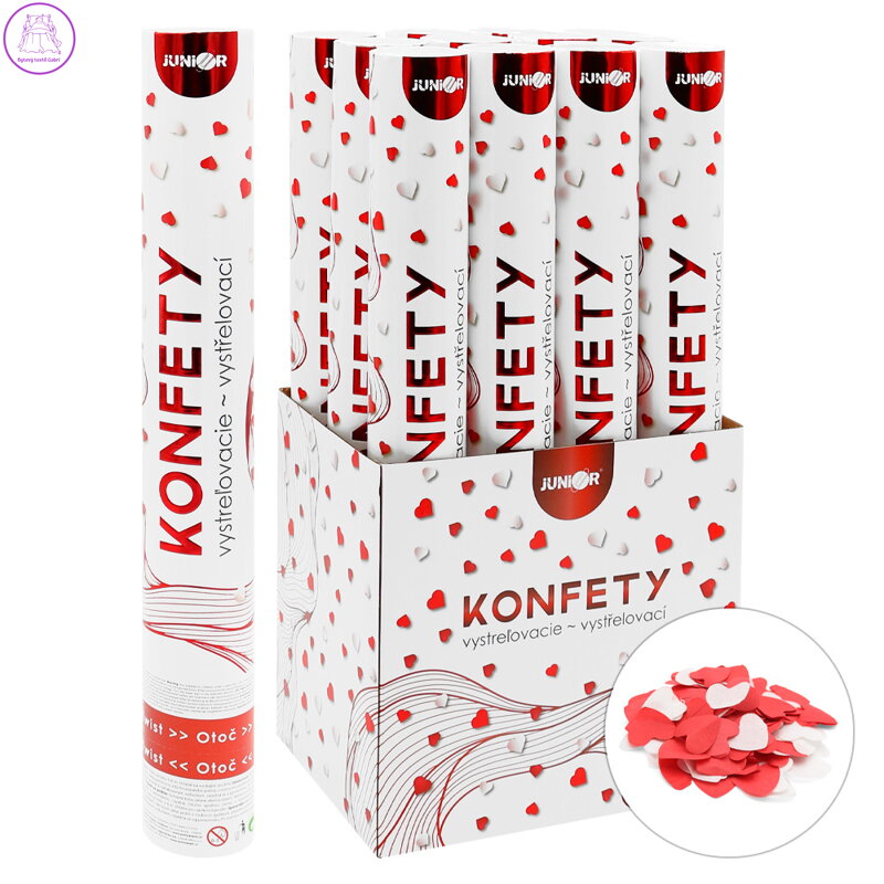 Střílející konfety - trubka 40 cm, bílá a červená papírová srdce