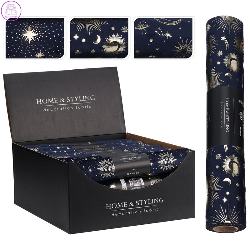 Organza látková 28x150 cm - modrá, potisk ve zlaté barvě (mix 3 motivů)