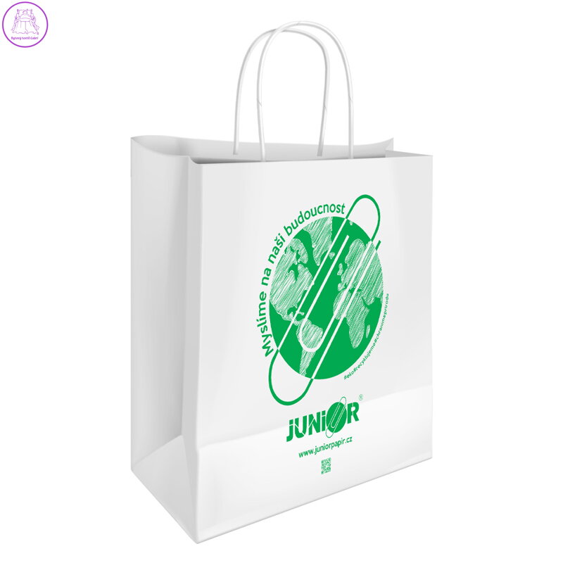 Papírová taška 22x10x26 cm, bílá s potiskem JUNIOR