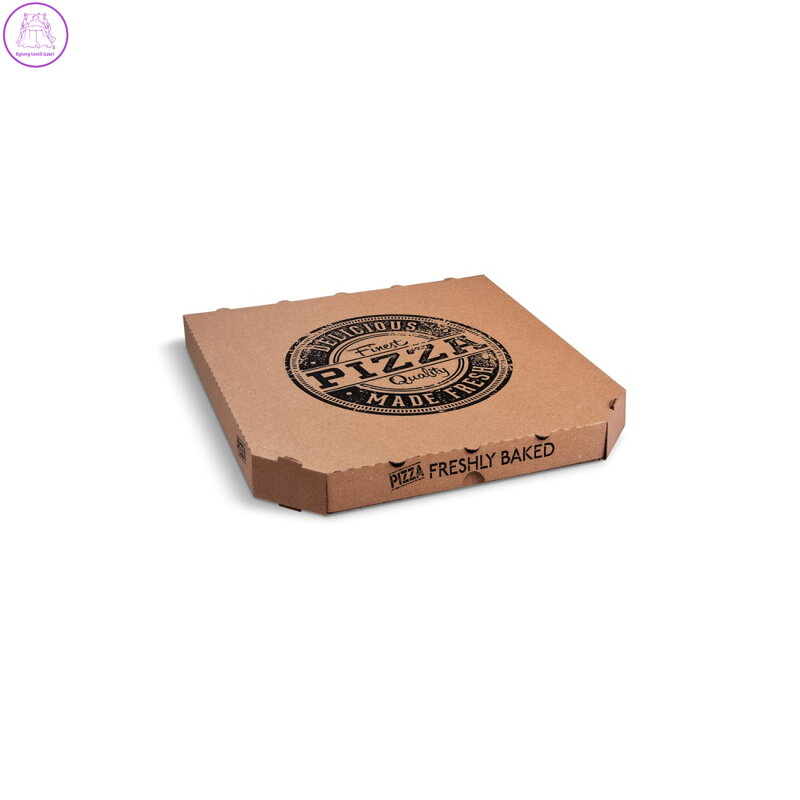 Krabice na pizzu (mikrovlnitá lepenka) E6 kraft s potiskem 33 x 33 x 3 cm [100 ks]