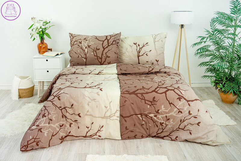 Ložní povlečení bavlněné Stanex větvičky hnědé (LS232), 140 x 220 + 90 x 70, Knoflíkové