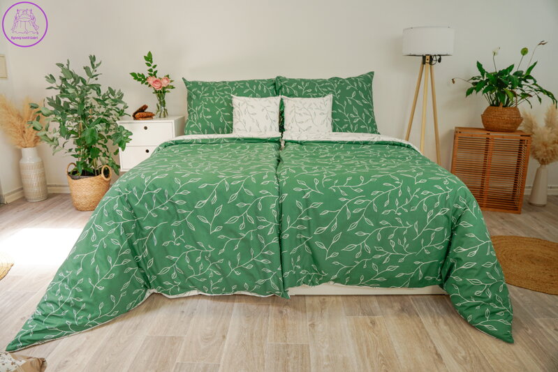 Ložní povlečení bavlněné Stanex zelené lístky (LS413), 140 x 220 + 90 x 70, Knoflíkové