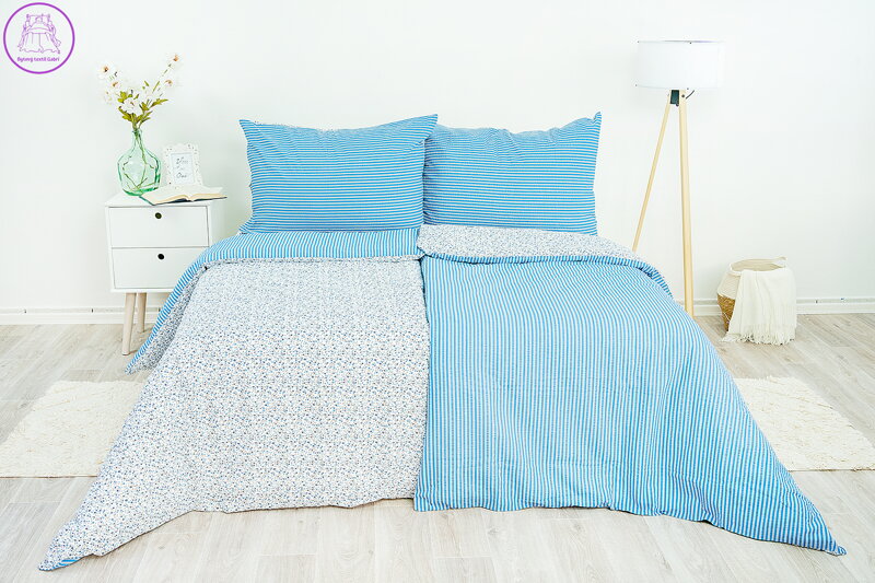 Ložní povlečení bavlněné Stanex kvítek-pruh modrý (LS194), 140 x 200 + 90 x 70, Knoflíkové