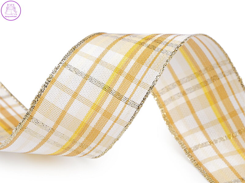Károvaná stuha s lurexem a drátem šíře 40 mm