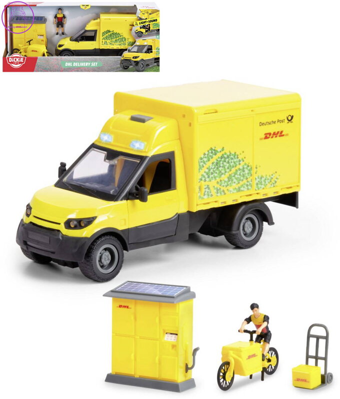DICKIE Zásilková doprava auto DHL s figurkou a doplňky na baterie Světlo Zvuk