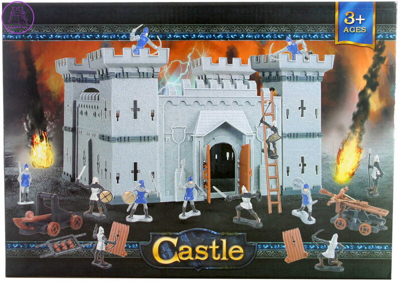 Hrad plastový 29cm herní set s figurkami rytířů 6cm a zbraněmi v krabici