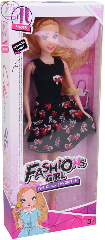 Panenka fashion 29cm letní černé krátké šaty s rybičkami v krabici