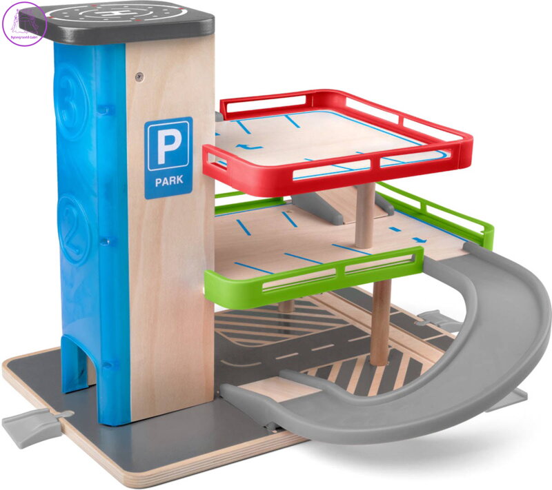 WOODY DŘEVO Garáž 2 patra parkovací dům s výtahem set se 2 autíčky plast