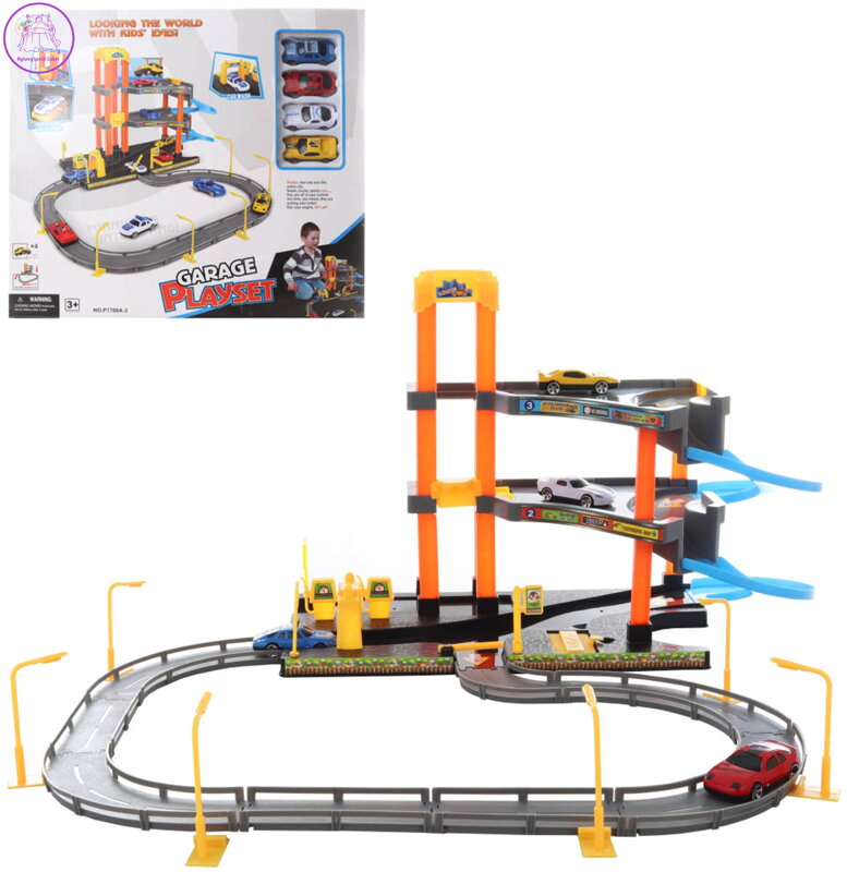 Garáž 2 patra herní set parkovací dům s dráhou a 4 auty