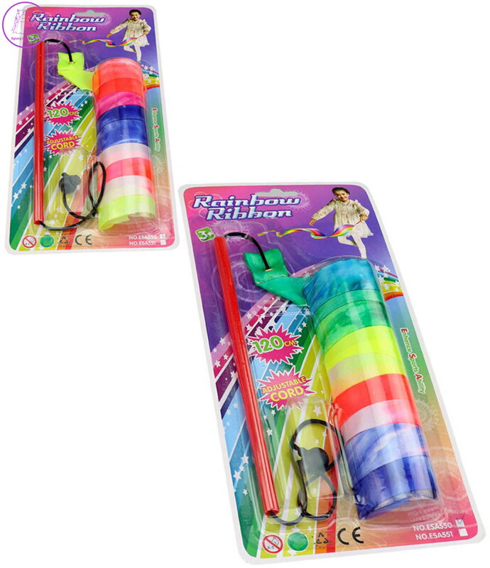 Stuha dětská gymnastická duhová 120cm s hůlkou na kartě 3 barvy