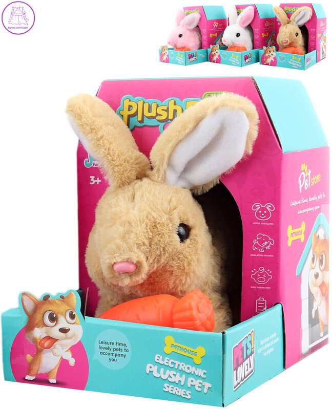 PLYŠ Králík zvířátko chodící set s mrkvičkou na baterie Zvuk 3 barvy