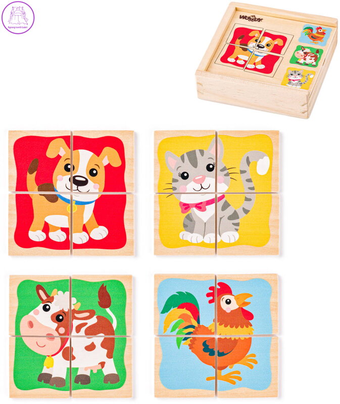 WOODY DŘEVO Baby minipuzzle Domácí zvířátka 4x4 dílky v krabičce 4v1