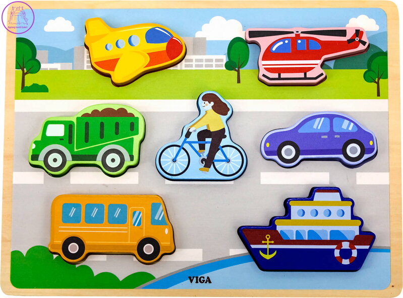 VIGA DŘEVO Vkládačka baby puzzle vkládací na desce doprava 7 dílků