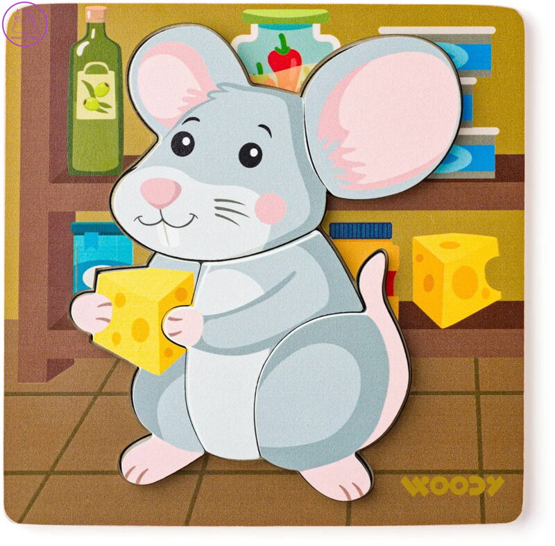 WOODY DŘEVO Baby vkládací puzzle myška skládačka 5 dílků na desce