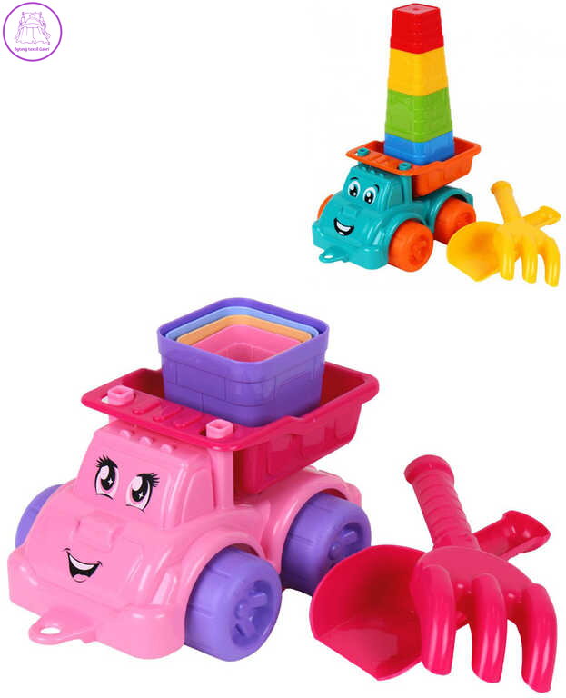 Sada na písek baby autíčko s očima s formičkami a 2 nástroji 2 barvy