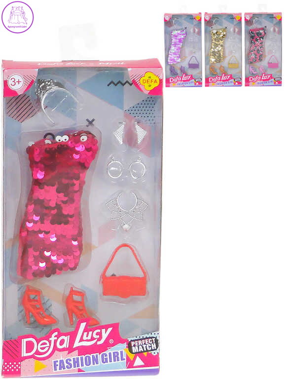 Šaty společenské flitrové pro panenku set s fashion doplňky 4 barvy