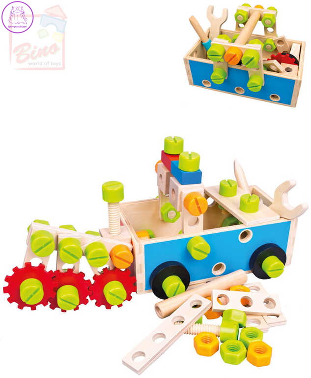 BINO DŘEVO Set dětské nářadí v přepravce šroubovací stavebnice