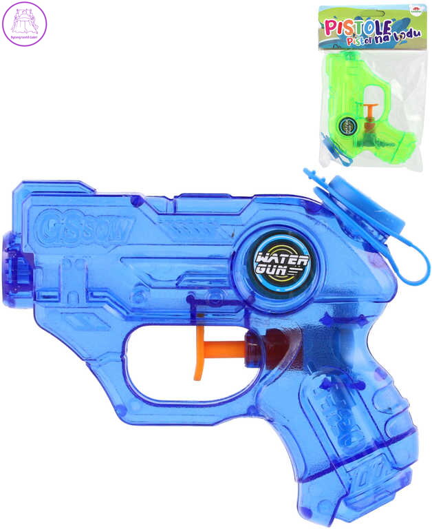 Pistolka dětská vodní barevná stříkací 11cm průhledná na vodu 2 barvy
