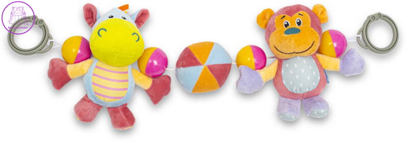 Chrastítko baby zábrana do kočárku hrošík + opička mix závěs pro miminko