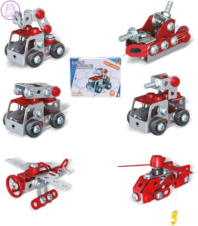 MALÝ MECHANIK Hasiči 43-65 dílků 6 druhů kovová STAVEBNICE typu Merkur