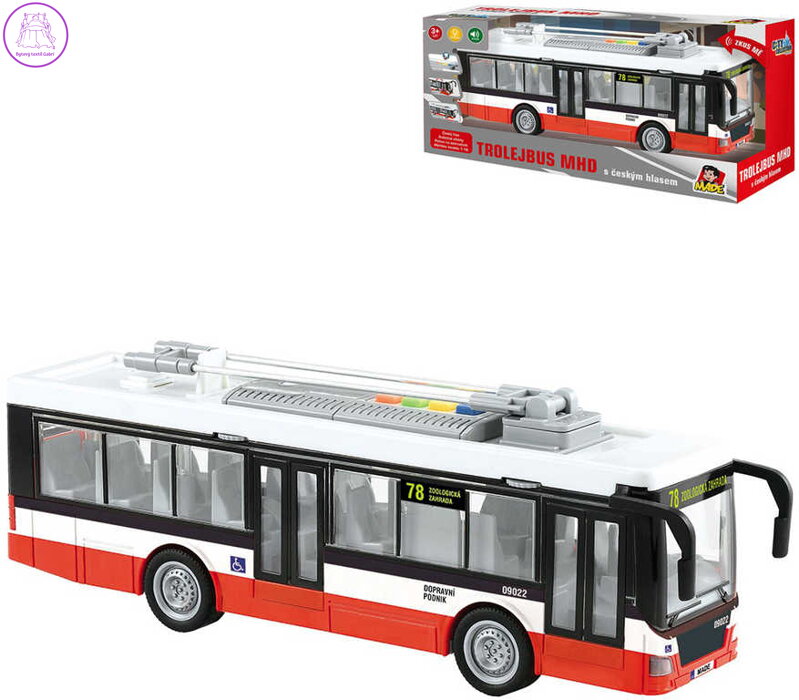 Trolejbus MHD český na setrvačník hlásí stanice na baterie Světlo Zvuk CZ