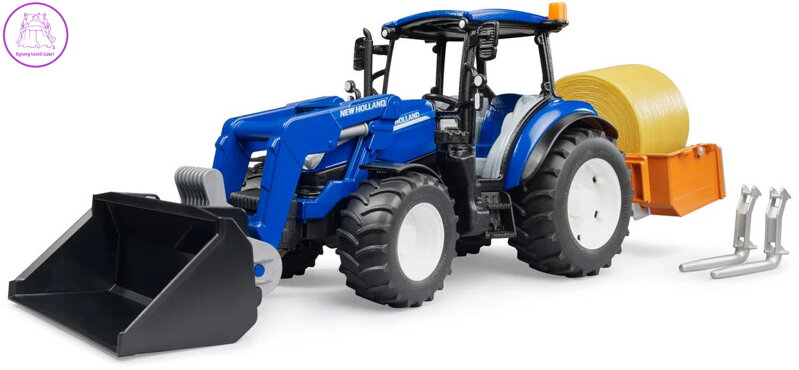 BRUDER 02187 Traktor New Holland T5 + plošina, balík, čelní nakladač
