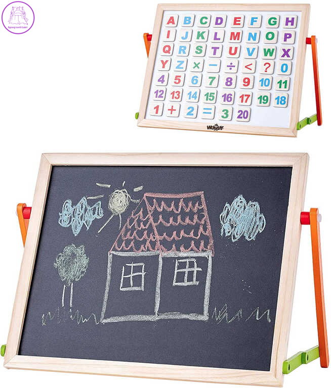 WOODY DŘEVO Tabulka magnetická stolní oboustranná set s abecedou a číslicemi