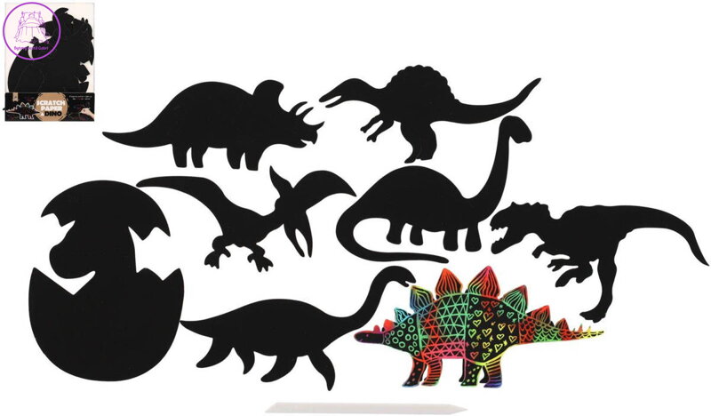 Obrázek škrabací duhový výřez dinosauři set 9ks s nástrojem