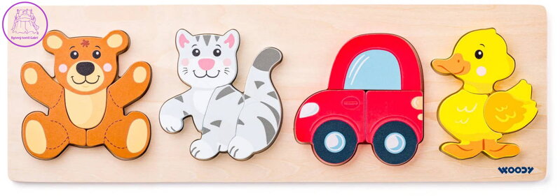 WOODY DŘEVO Baby vkládací puzzle skládačka 4 motivy 4v1 na desce