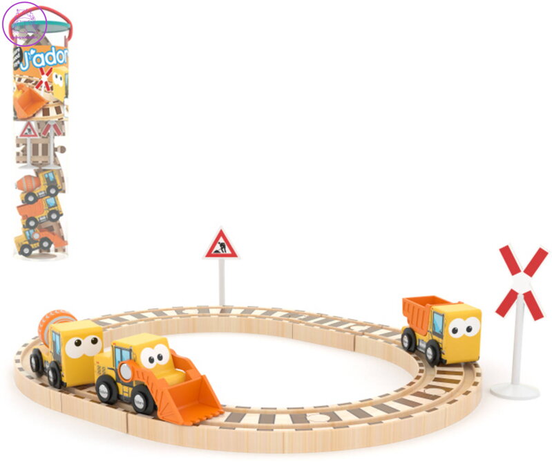 DŘEVO Autíčka pracovní stroje 3ks set s kolejemi *DŘEVĚNÉ HRAČKY*