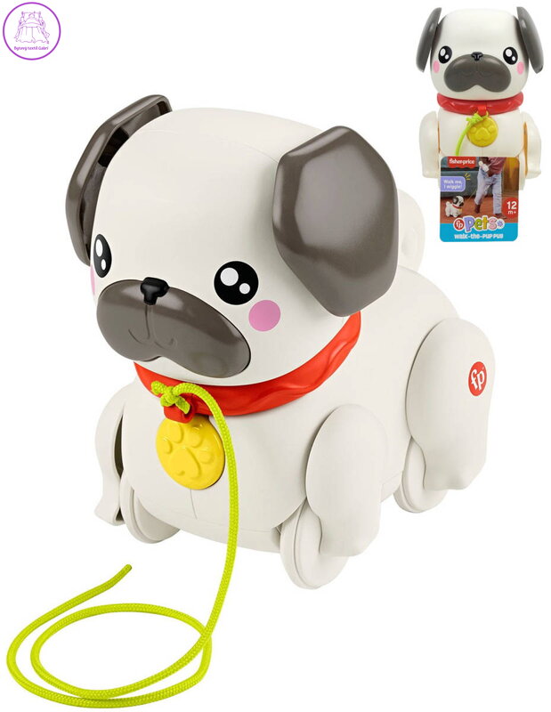FISHER PRICE Baby pes mopslík chodící tahací na kolečkách plast