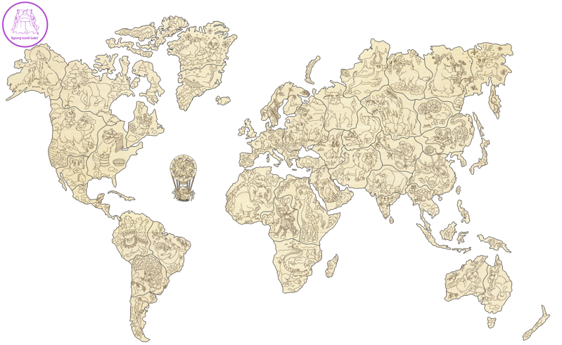 WOODEN CITY Dřevěná mapa se zvířátky velikost M (57x38cm)