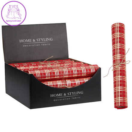 Organza látková 28x270 cm - červená, vzor káro zlaté barvy