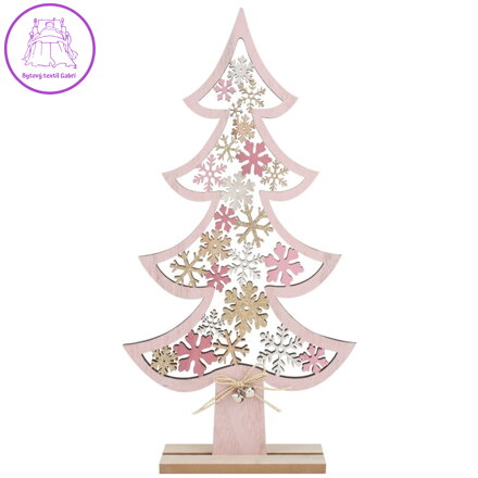 Vánoční strom dřevěný s vločkami 20 x 39 cm - růžový