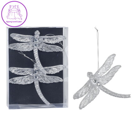 Třpytivá vážka stříbrná - závěsná dekorace (balení 2 ks)