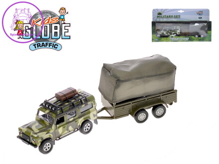 Kids Globe Traffic Land Rover Defender Military 14,5cm kov zpětný chod s přívěsem  v krabi