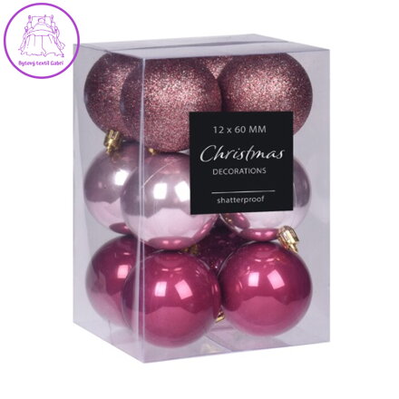 Vánoční koule - sada 12 ks odstíny fialové, prům. 60 mm, mix lesklá/perleťová