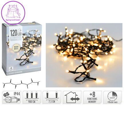Světelný řetěz 120 LED bílý teplý, délka 9 m, venkovní. použití, 230V