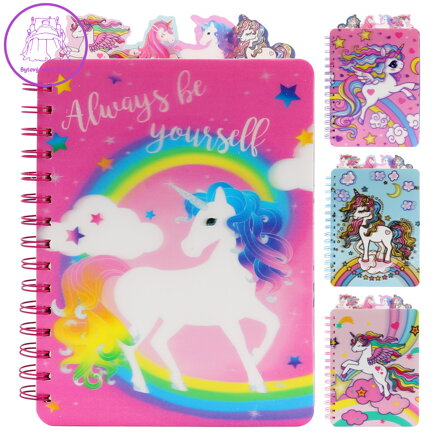 Dětský spirálový zápisník s plastovými záložkami, 120 listů - Jednorožec (mix vzorů)