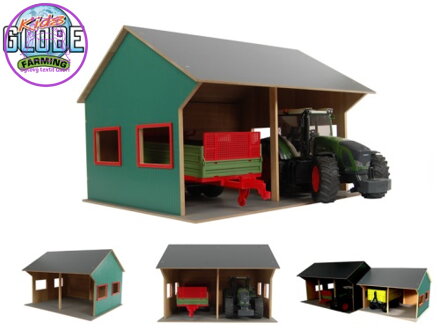 Kids Globe Farming dřevěná garáž 44x53x37cm 1:16 pro 2 traktory v krabičce