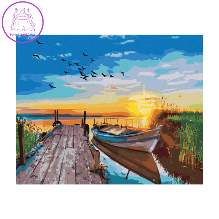 Diamantové malování (s rámem) - Západ slunce nad jezerem s loďkou