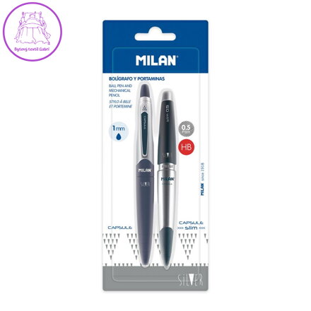 Sada MILAN Capsule Silver kuličkové pero 1,0 mm modré + mechanická tužka