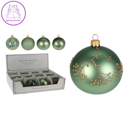 Vánoční skleněná koule 8 cm - ručně foukaná, zelená ve 4 designech