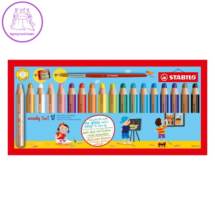Pastelka STABILO woody 3 in 1 sada 18 ks (struhadlo + štětec)