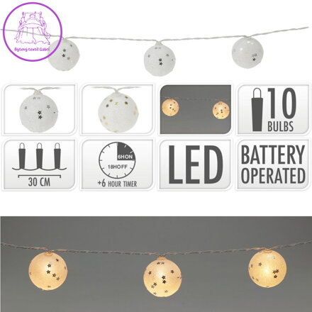 Světelný řetěz 10 LED teplá bílá, průměr 5 cm, třpytivý