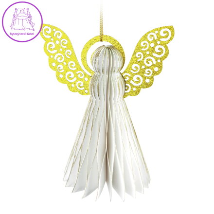 Dekorace Bílý anděl (2 ks), papír + PET, závěsný, 10 cm