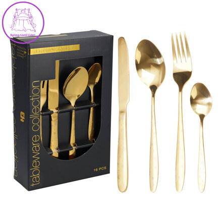 Sada příborů - nerezová ocel/zlatá se sněhem. Sada 16 kusů příborů s motivem sněhové vločk Sada příborů - nerezová ocel/zlatá se sněhem. Sada 16 kusů příborů s motivem sněhové vločk